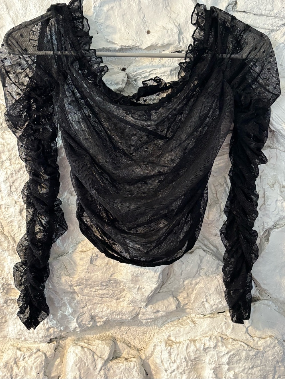 PrettyLittleThing Black Sheer Ruffle Long Sleeve Top